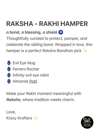 A summary of the items in our 'Raksha' hamper, which includes an evil eye mug, Ferrero Rocher, and an infinity evil eye rakhi.