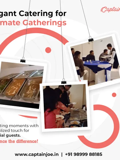 I provide elegant catering for intimate gatherings, giving the same personalized touch to a party for 50 guests as I do for a large wedding. This collage shows the setup and service for a smaller, special event.