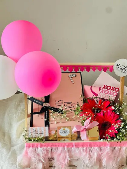 Another view of the large 'Bride to be' hamper, showing the arrangement of gifts inside the decorative crate.