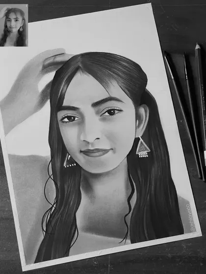 This A4 graphite sketch captures a simple, candid moment. The focus is on her natural expression and the way she is arranging her hair.