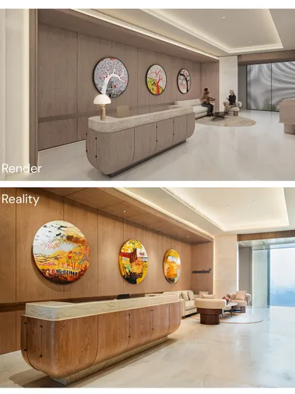 A comparison of the initial 3D render and the final built reality of a reception area. This demonstrates our commitment to precision and execution, ensuring the vision we present to our clients is translated into a tangible, high-quality space with meticulous attention to detail.