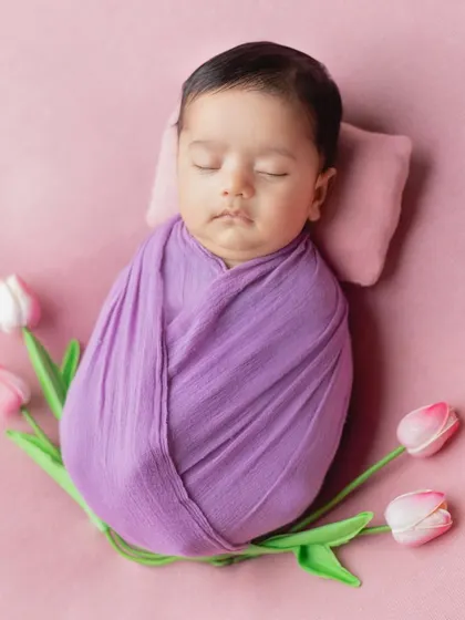 A simple and beautiful shot of a newborn wrapped in purple, surrounded by tulips.