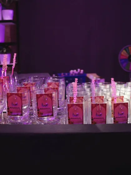 Custom-tagged glasses ready for the party. Personalization is key to making your event feel unique and special.