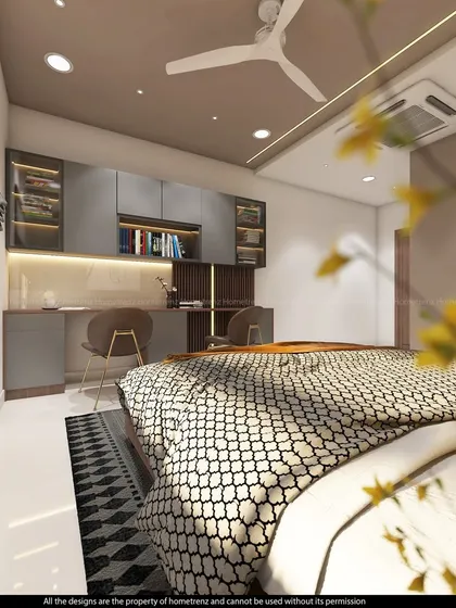 A different perspective of the kids' bedroom, showing the bed and the patterned rug that adds a playful element.