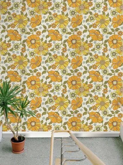 Our Crimson Daisies Floral Pattern wallpaper brings a cheerful and retro vibe to this hallway. The bright yellow and orange flowers create a lively and welcoming path.