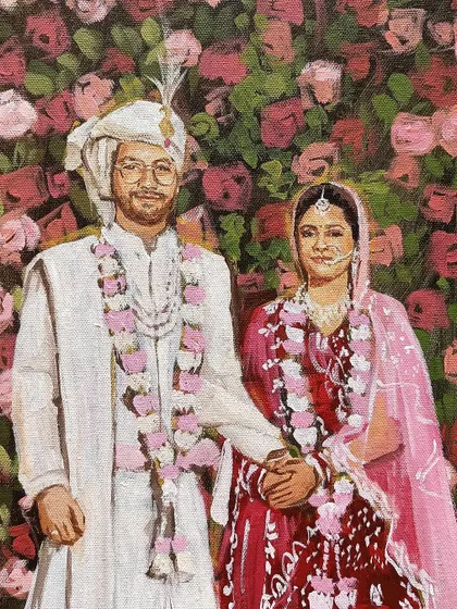 A close-up detail shot of a wedding portrait. I take great care to capture the likeness and emotion of the couple, as well as the fine details of their attire.