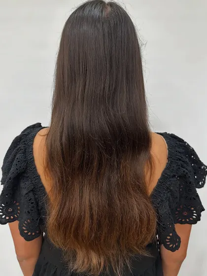 This bride-to-be came in with faded, grown-out ombre. This is the "before" canvas, ready for a corrective color service to get her hair perfect for the big day.
