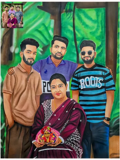 This vibrant A1 size family portrait was a special order for a client in Australia. I combined multiple photos to create this lively scene, making sure to capture the lush green background and each person's likeness.