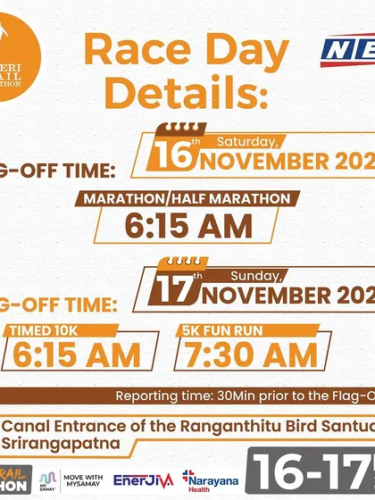 Here are the flag-off times for the Kaveri Trail Marathon. The Marathon and Half Marathon start on Saturday, with the 10K and 5K on Sunday.
