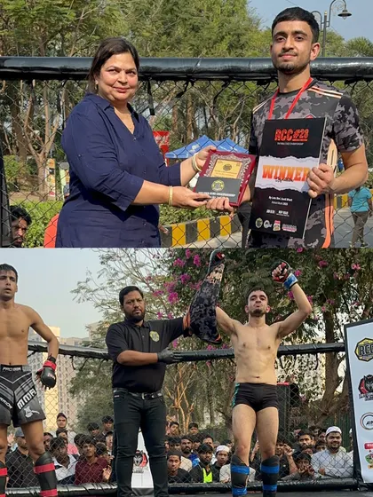 Jatin receiving his winner's plaque and having his hand raised by the referee. A well-deserved victory earned through sheer dominance.