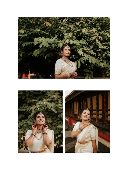 A collage of the bride's portraits in a garden setting.