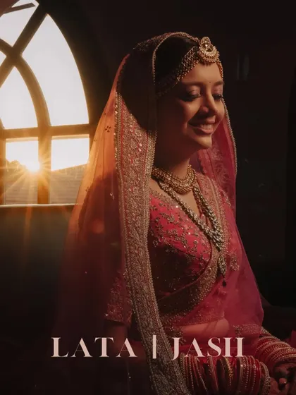 A beautiful portrait of the bride during golden hour, her smile radiant as she gets ready for her big day.