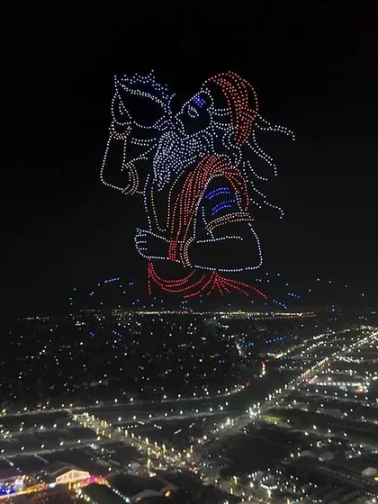 Lord Shiva drinking the cosmic poison during Samudra Manthan, a powerful scene from our 2500-drone show at Maha Kumbh 2025. We use our aerial canvas to tell the most profound stories of our culture.