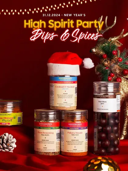 Elevate your party with these dips and spices. This collection includes Raw Mango Mustard Dip, Pizza Seasoning, and a special Cocktail and Mocktail Spice Mix for your beverages.