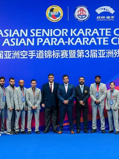 The complete Team KIO India at the competition venue for the 20th Asian Senior Karate Championship in Hangzhou. This formal team photograph captures our readiness and professionalism.