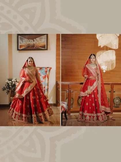 Full-length portraits of the bride in her red wedding lehenga. These shots highlight the grandeur of her outfit and the elegance of the indoor venue.