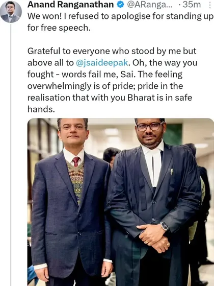 A significant victory in the courtroom for free speech. I was privileged to represent Dr. Anand Ranganathan in this matter. His words of gratitude underscore the stakes of these legal battles. For me, every case is a fight to ensure that Bharat remains in safe hands.