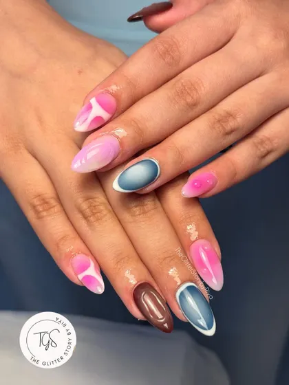A unique and abstract nail set combining multiple designs, including a pink cow print, a blue cat-eye effect, and a solid brown nail.