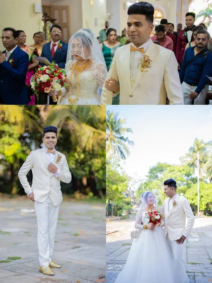 A collage showing the groom's portrait, the couple's walk, and their arrival at the church for their Catholic wedding.