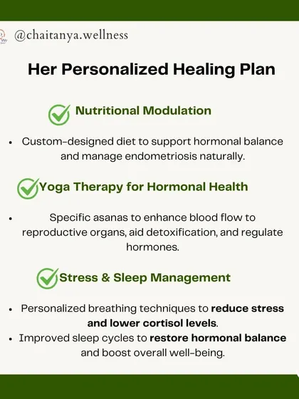 Abha's personalized healing plan included nutritional modulation, yoga therapy to enhance blood flow to reproductive organs, and stress and sleep management to lower cortisol and restore hormonal balance.