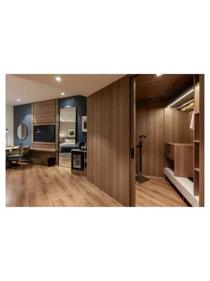 A view into the walk-in closet area from the main guest room, showcasing the seamless integration of spaces. The design prioritizes functionality and luxury with ample storage and warm, consistent wood finishes.