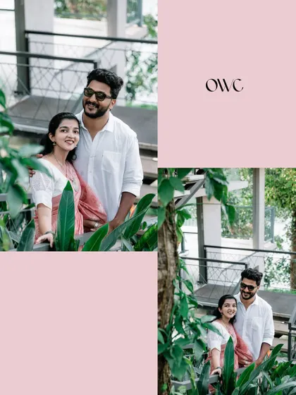 A creative collage with a pink color block, showcasing a stylish couple amidst tropical plants.