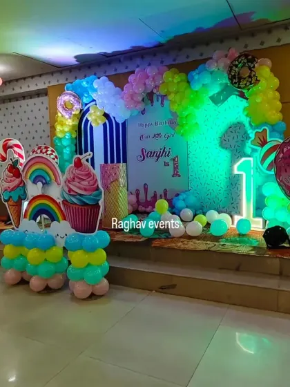 Another angle of the candyland themed first birthday party for Sanjhi. The setup is colorful and fun, perfect for a little one's birthday.