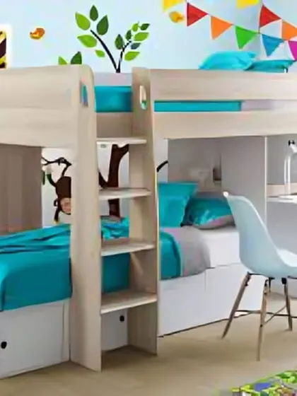 A fun L-shaped bunk bed with an integrated desk, perfect for a room with a corner to fill.