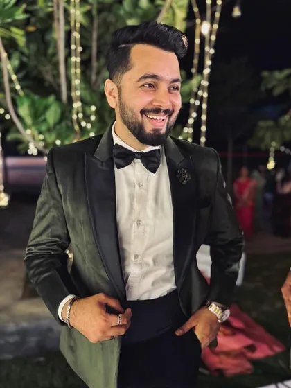 Another shot of my reception look, showing the details of the velvet tuxedo jacket.