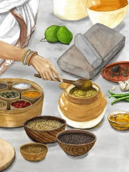 A beautiful illustration capturing a hand reaching for spices. This image was a teaser for a special project, representing the start of a new chapter in our journey to preserve food traditions.