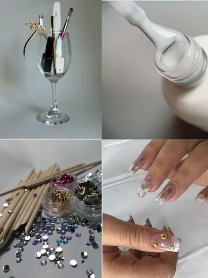 An inspiration board for a clean, elegant, and modern nail set. This collage features the tools and materials I use to create my signature looks.