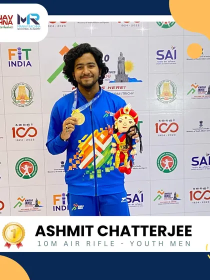 A champion's smile. Ashmit Chatterjee on the podium with his Gold medal at the Khelo India Youth Games, a testament to his hard work and our academy's guidance.