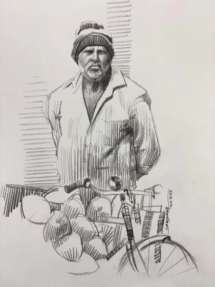 A sketch of a street vendor standing by his cart, a demo from an online figure drawing class.