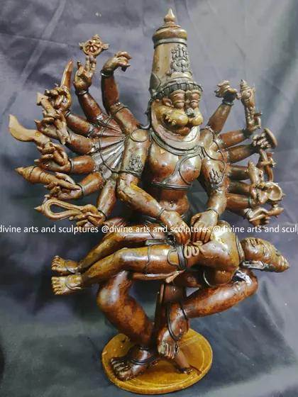 The wax model of Ugra Narasimha, the fierce man-lion avatar of Lord Vishnu. This dynamic sculpture depicts the powerful moment of vanquishing evil to protect righteousness, a story we tell through our art.