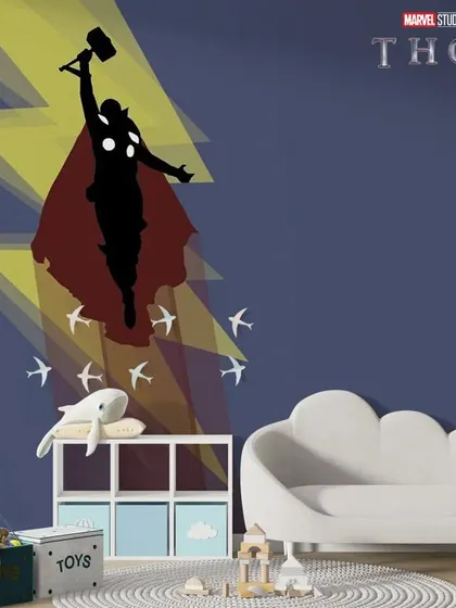 A dramatic silhouette of Thor summoning lightning, creating a powerful and inspiring mural for a child's room.