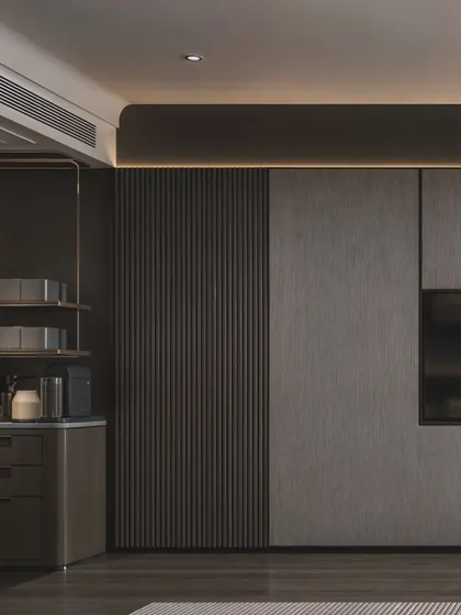 This shot shows the mini-bar and storage area, demonstrating the thoughtful integration of all necessary amenities.