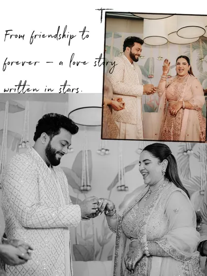 "From friendship to forever." This collage tells the story of the couple's ring exchange, capturing their laughter and joy in both color and black and white.