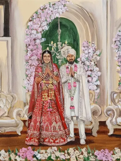 This painting was a surprise gift from the couple's friends. I captured the bride and groom in a moment of greeting, set against the opulent decor of their Gurugram wedding venue.