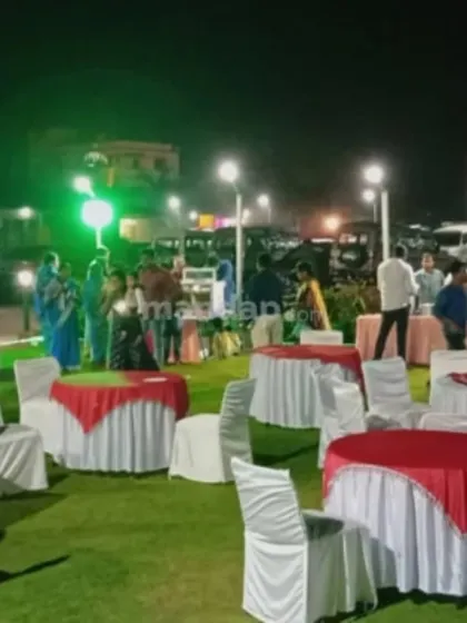 A view of the outdoor reception area with guests mingling, showing how we manage space and layout for large gatherings.