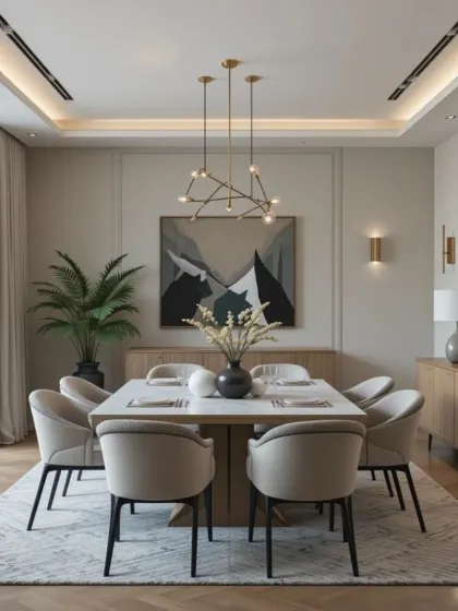 Clean lines and a neutral palette define this calm and contemporary dining area. A modern geometric chandelier hangs above the table, and a simple wooden sideboard provides practical storage without cluttering the space.