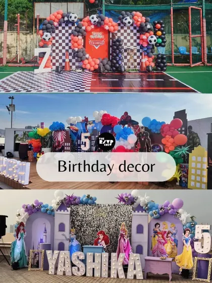 This collage highlights some of my favorite birthday decor setups, including a racing theme, a superhero theme, and a grand princess castle theme.
