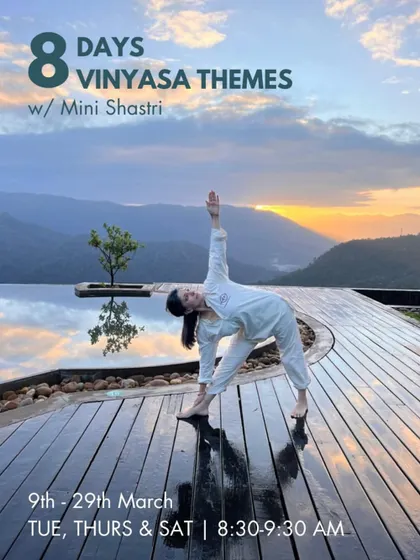 A beautiful, aspirational poster for my online Vinyasa themes course. The image of Trikonasana by the water captures the sense of peace and expansion we aim for in our practice.