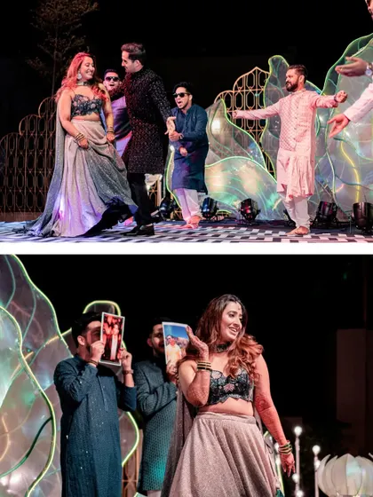 A collage of high-energy dance performances from the Sangeet, including friends performing with fun props.
