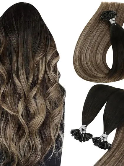 This image collage showcases the beautiful, wavy results achievable with our U-Tip extensions, along with a close-up of the ombre-colored hair bundles.