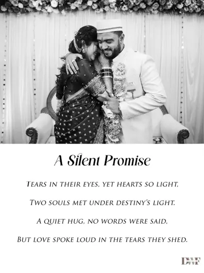 "A Silent Promise." This black and white photo captures a deeply emotional hug between the couple, a moment where love speaks louder than words.