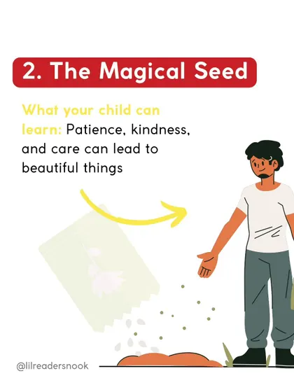 This is "The Magical Seed," another Tagore-inspired tale. It teaches children that patience, kindness, and care can lead to beautiful things.