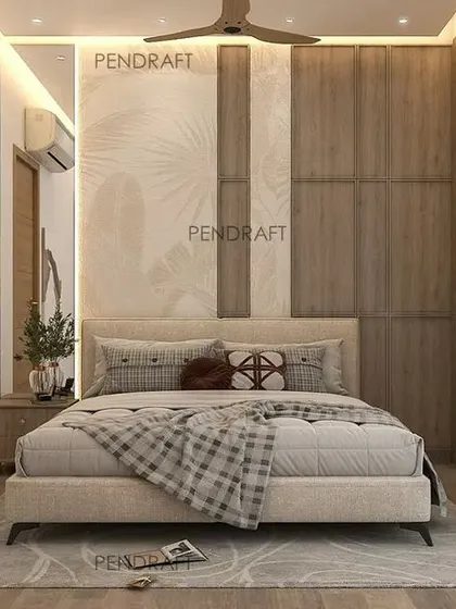 Another Zen-inspired bedroom, this design incorporates wood paneling and a delicate leaf-motif wallpaper to bring a touch of nature indoors.
