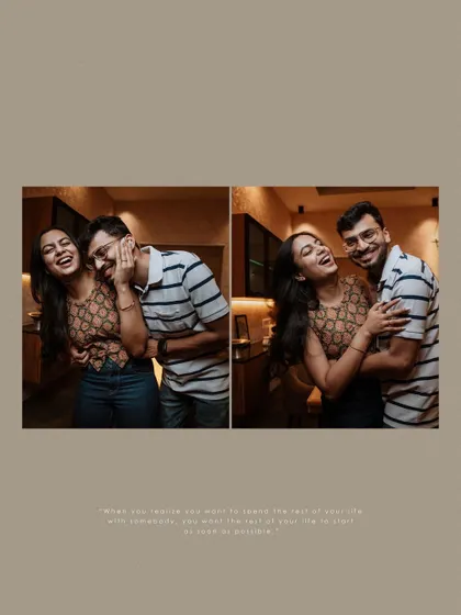 A diptych of the couple laughing together, with a romantic quote about wanting to start the rest of your life as soon as possible.