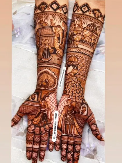 This design tells a complete story, with doli and varmala scenes on the palms and arms.