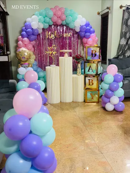 A low-angle shot of the "Welcome Baby" home decoration, showing the abundance of balloons on the floor that kids love to play with.